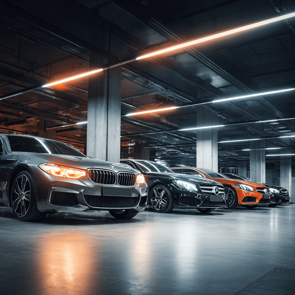Luxury cars including BMW and Mercedes lined up inside a modern automotive locksmith garage in Dallas TX