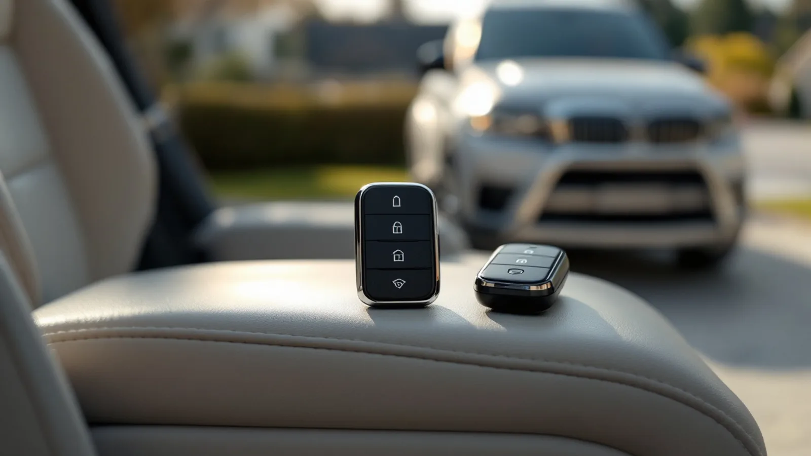 A silver three-row luxury crossover parked in a suburban driveway on a bright morning