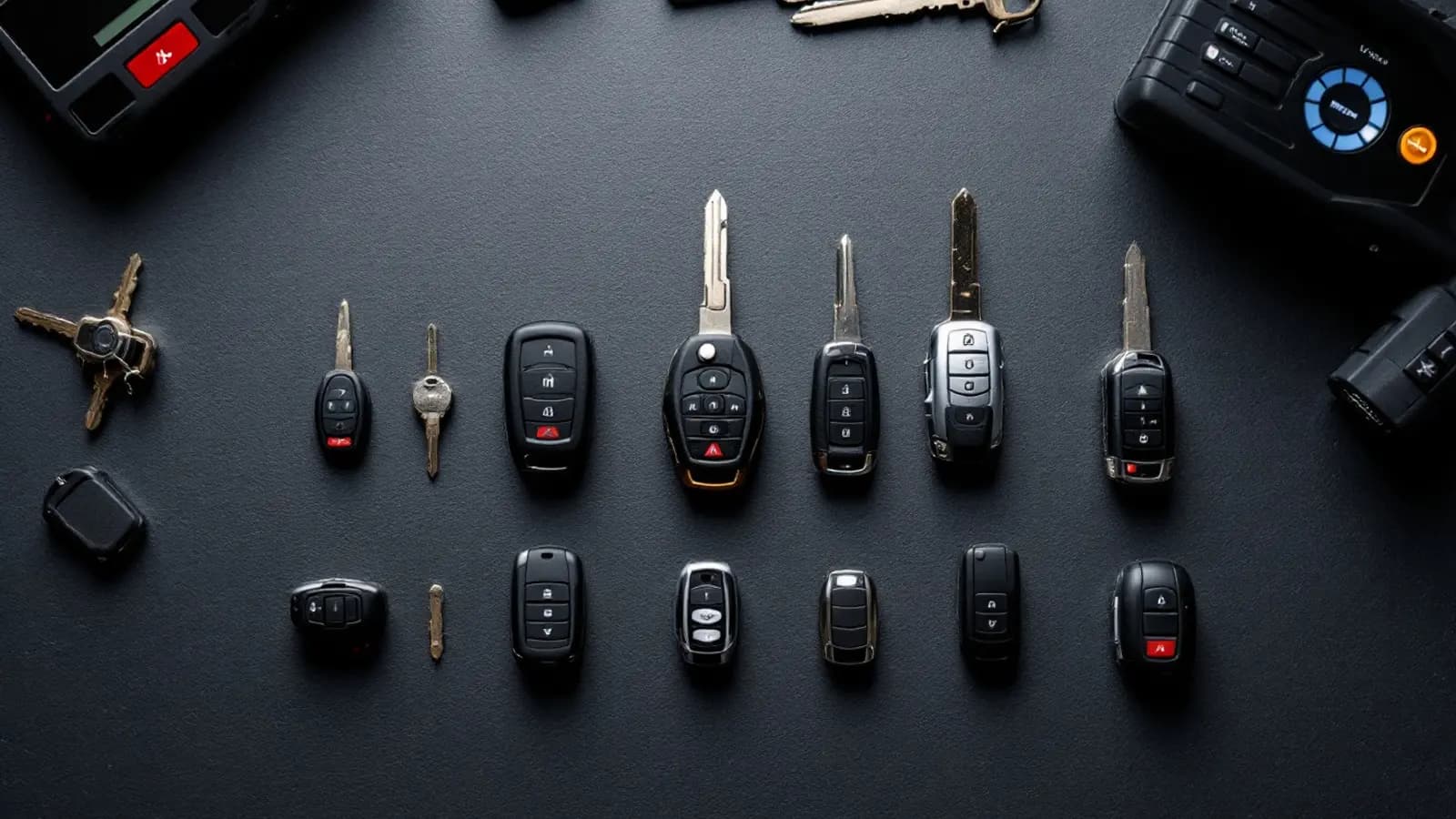 Two car key fobs side by side on a workbench, one factory OEM and one aftermarket replacement, in a Dallas locksmith shop