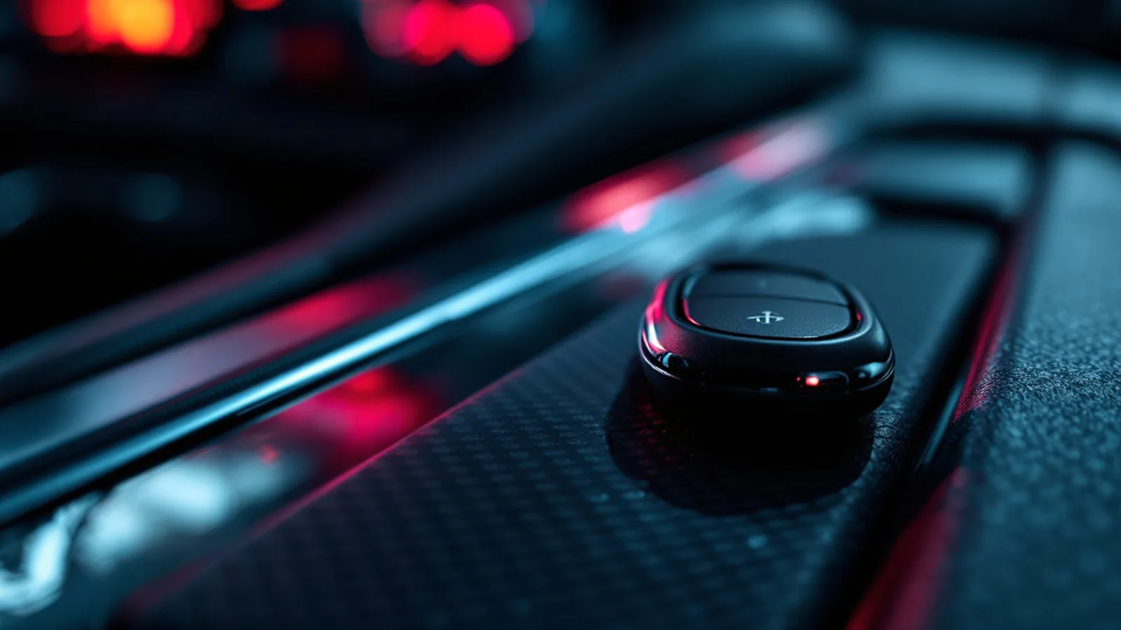 Unmarked oval proximity key fob resting on the carbon-trimmed center console of an Italian sports sedan, cabin lit by the red glow of the instrument cluster