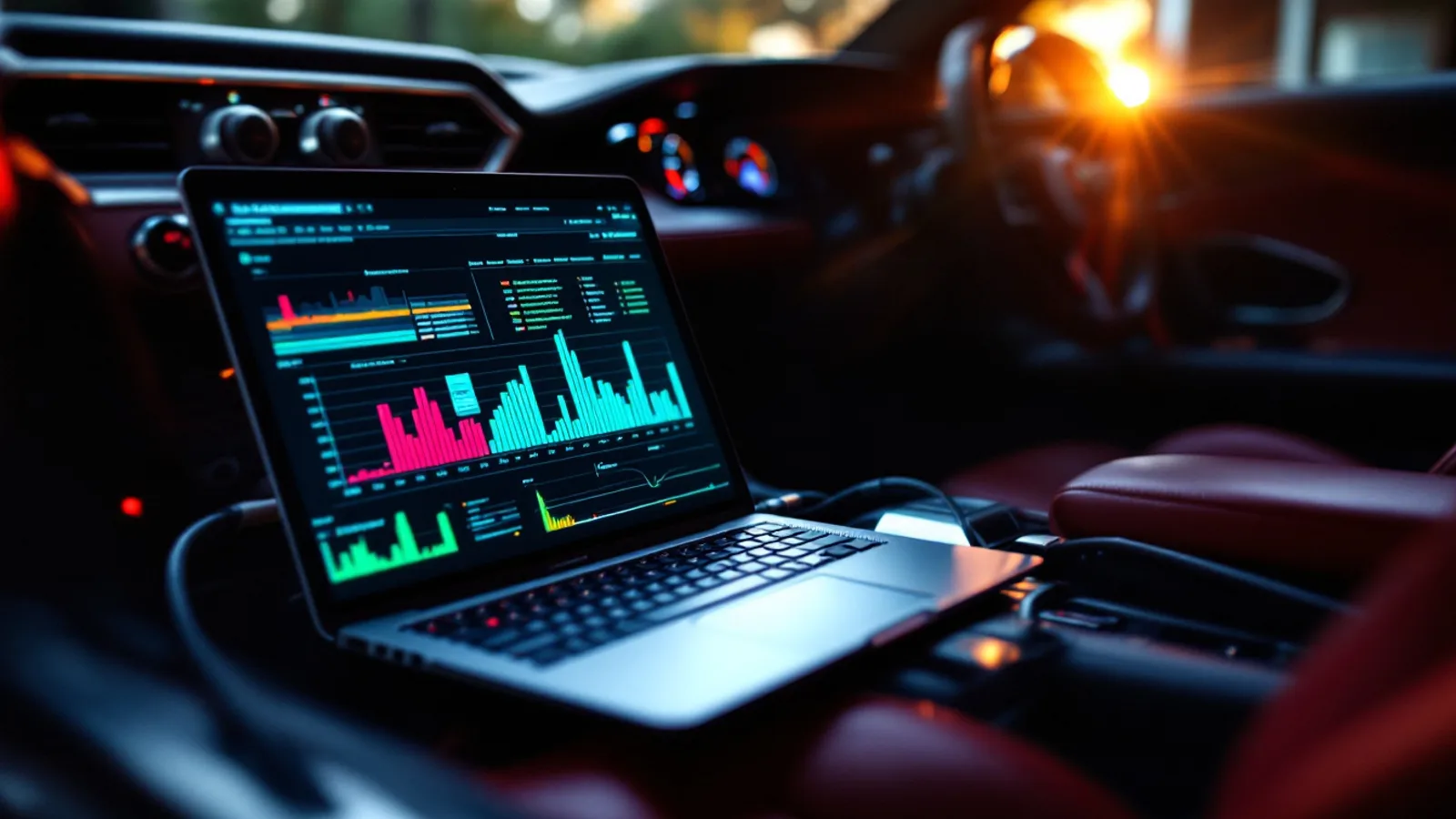 A laptop showing an abstract diagnostic data readout connected through the footwell of an Italian sport sedan with red leather at sunset in a Dallas service bay