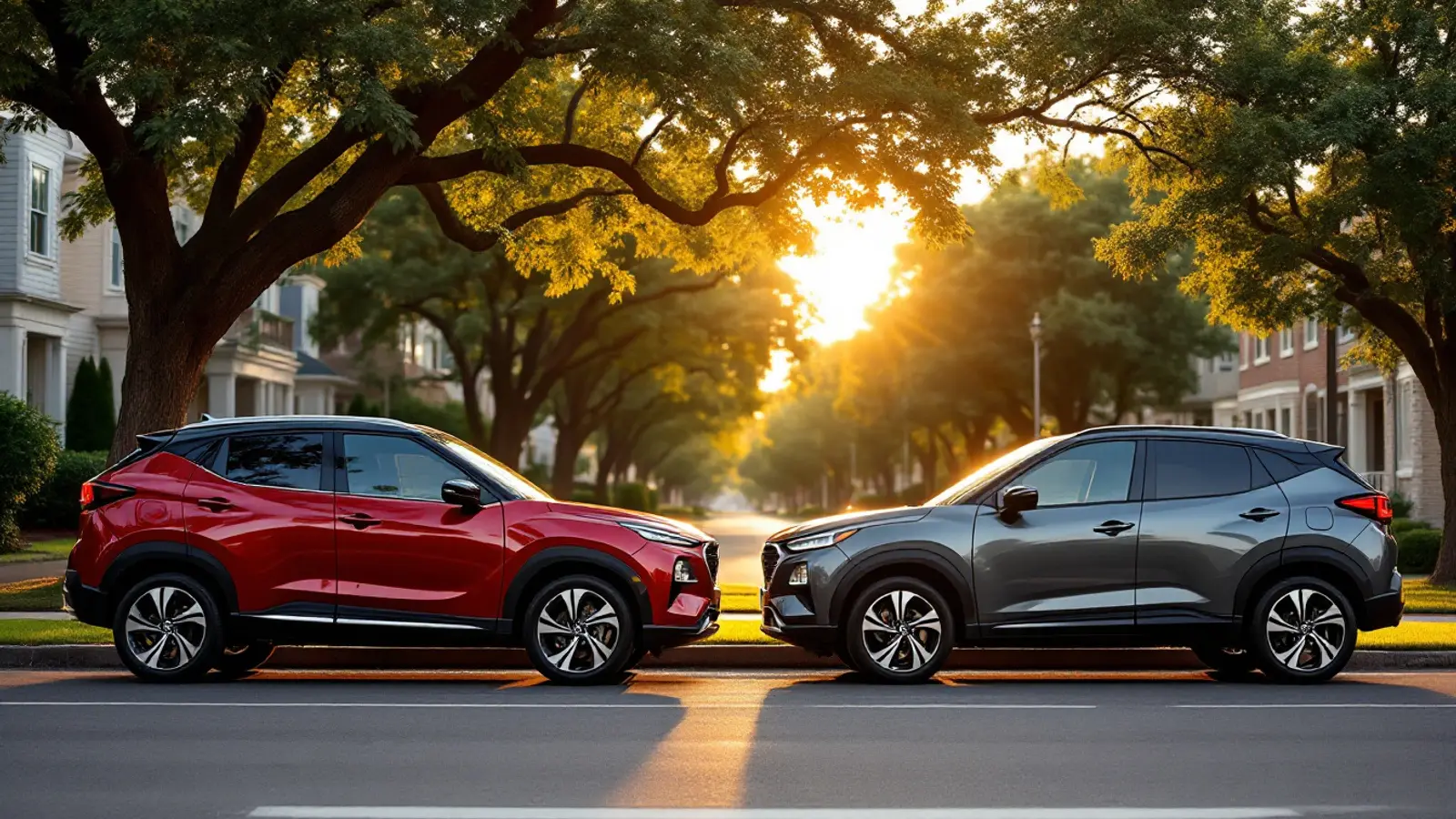Two compact crossovers, one deep red and one grey, parked nose to nose on a tree-lined Dallas street at golden hour