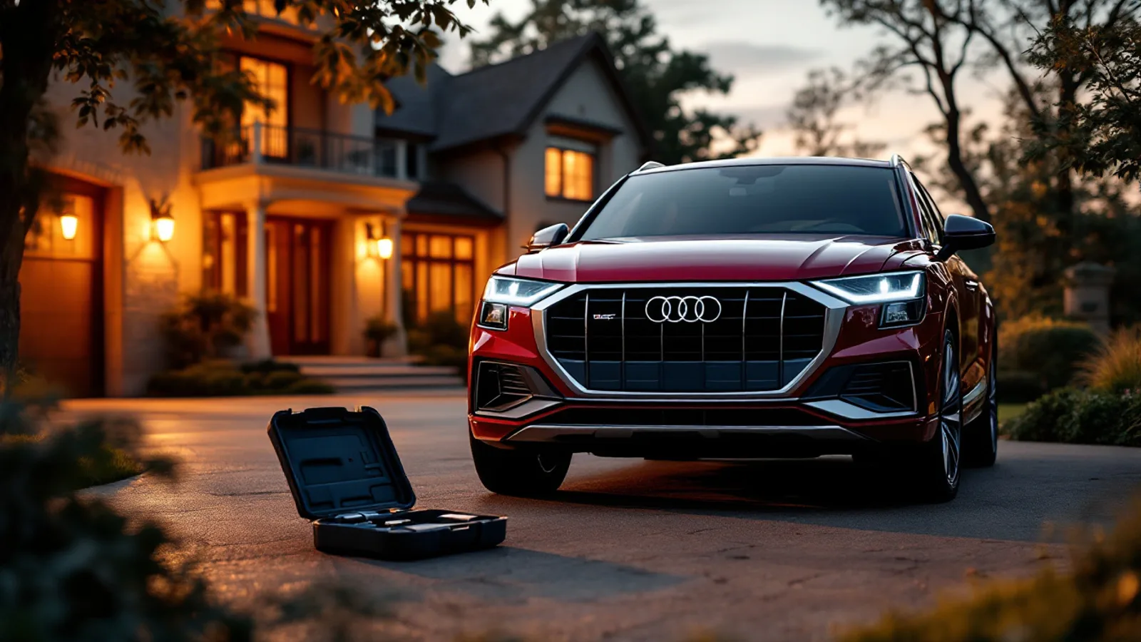 Audi sedan parked in a Southlake driveway at dusk with warm interior lights