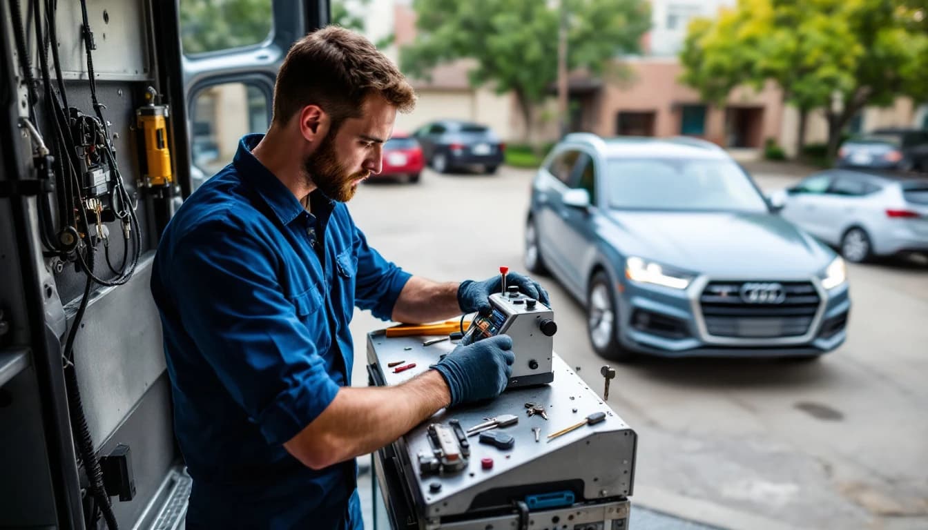 Key-cutting machine in a mobile locksmith van with an Audi Q7 outside