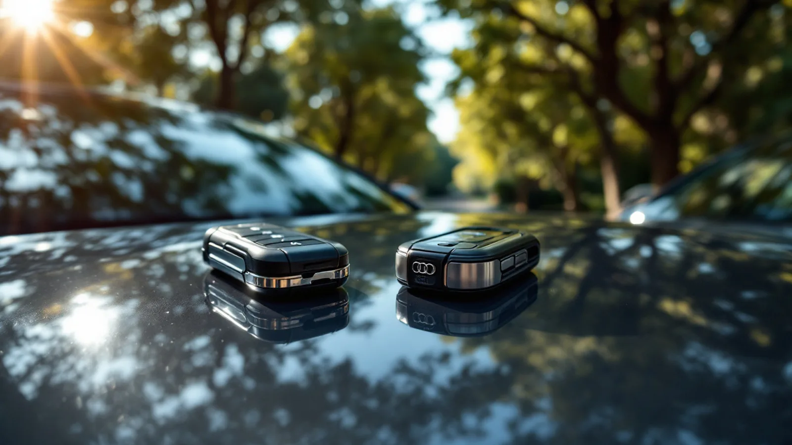 Mobile locksmith programming an Audi advanced key smart fob in a Highland Park driveway