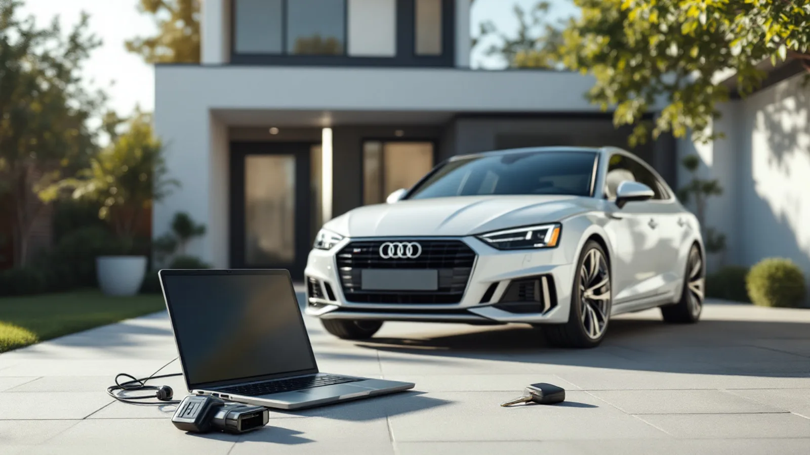 Locksmith programming an Audi smart key in a Southlake driveway
