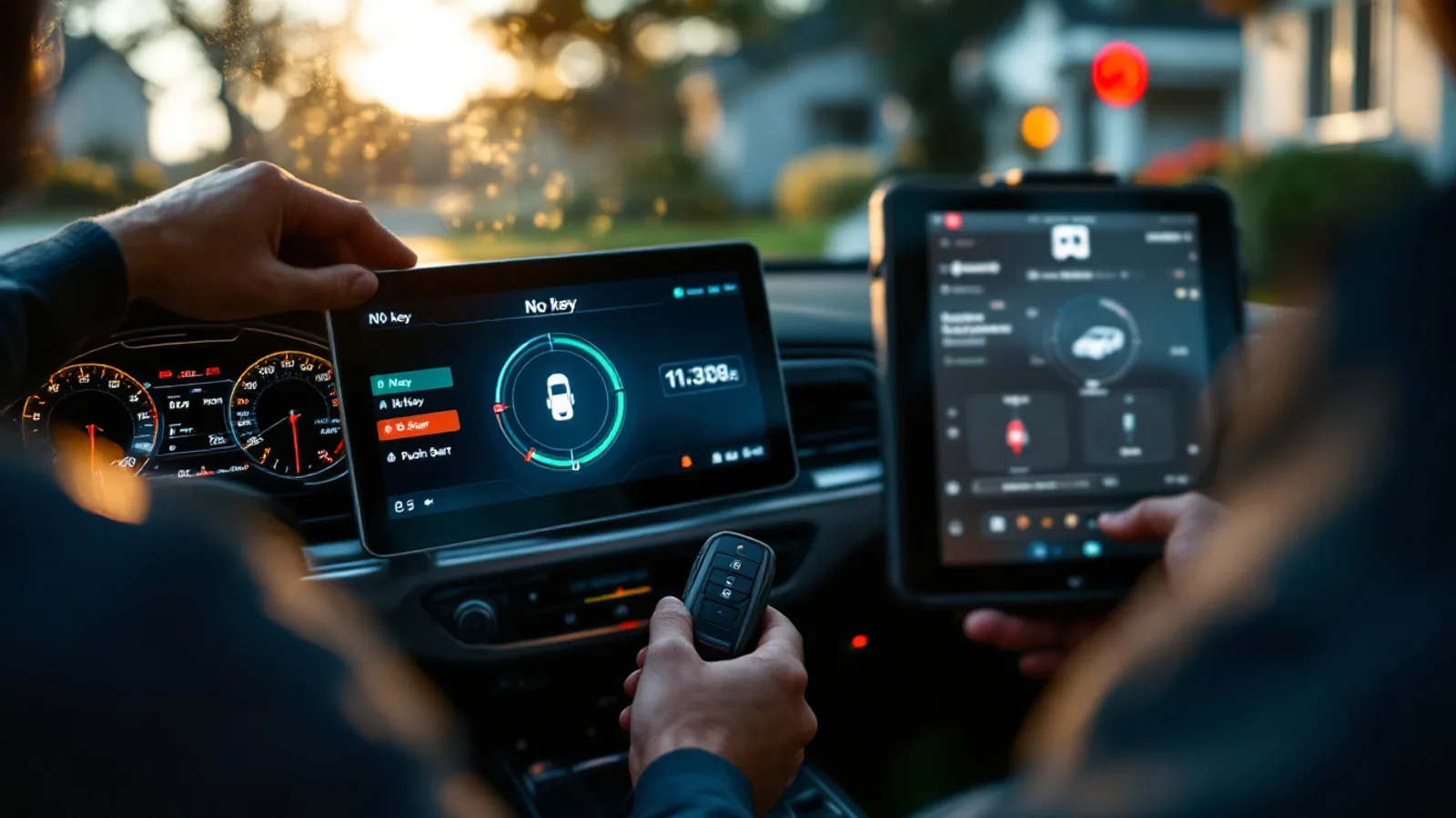 Mobile locksmith diagnosing an Audi No Key Detected no-start in a Frisco driveway