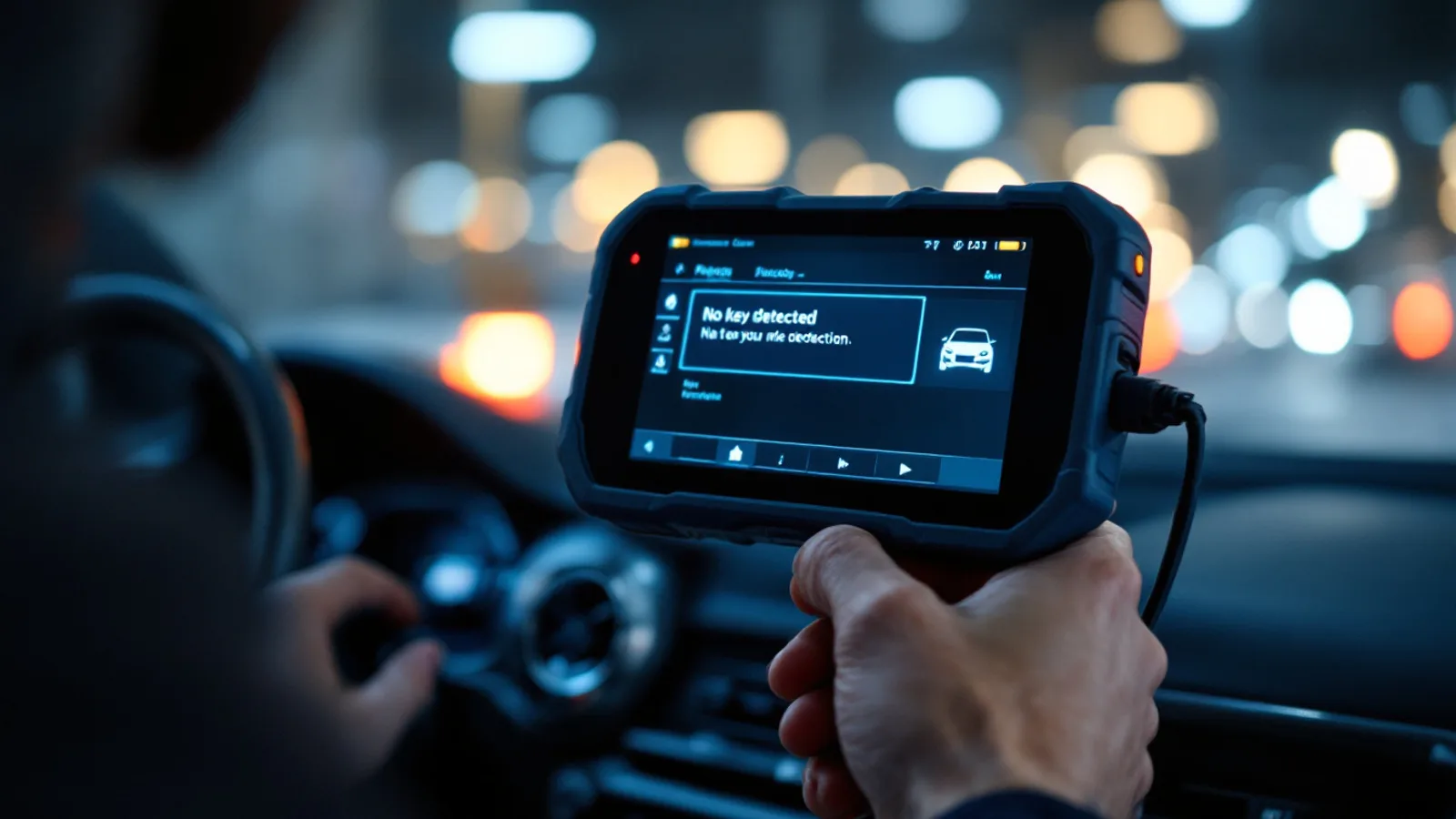 Mobile locksmith diagnosing an Audi no-key-detected immobilizer fault in a Richardson driveway
