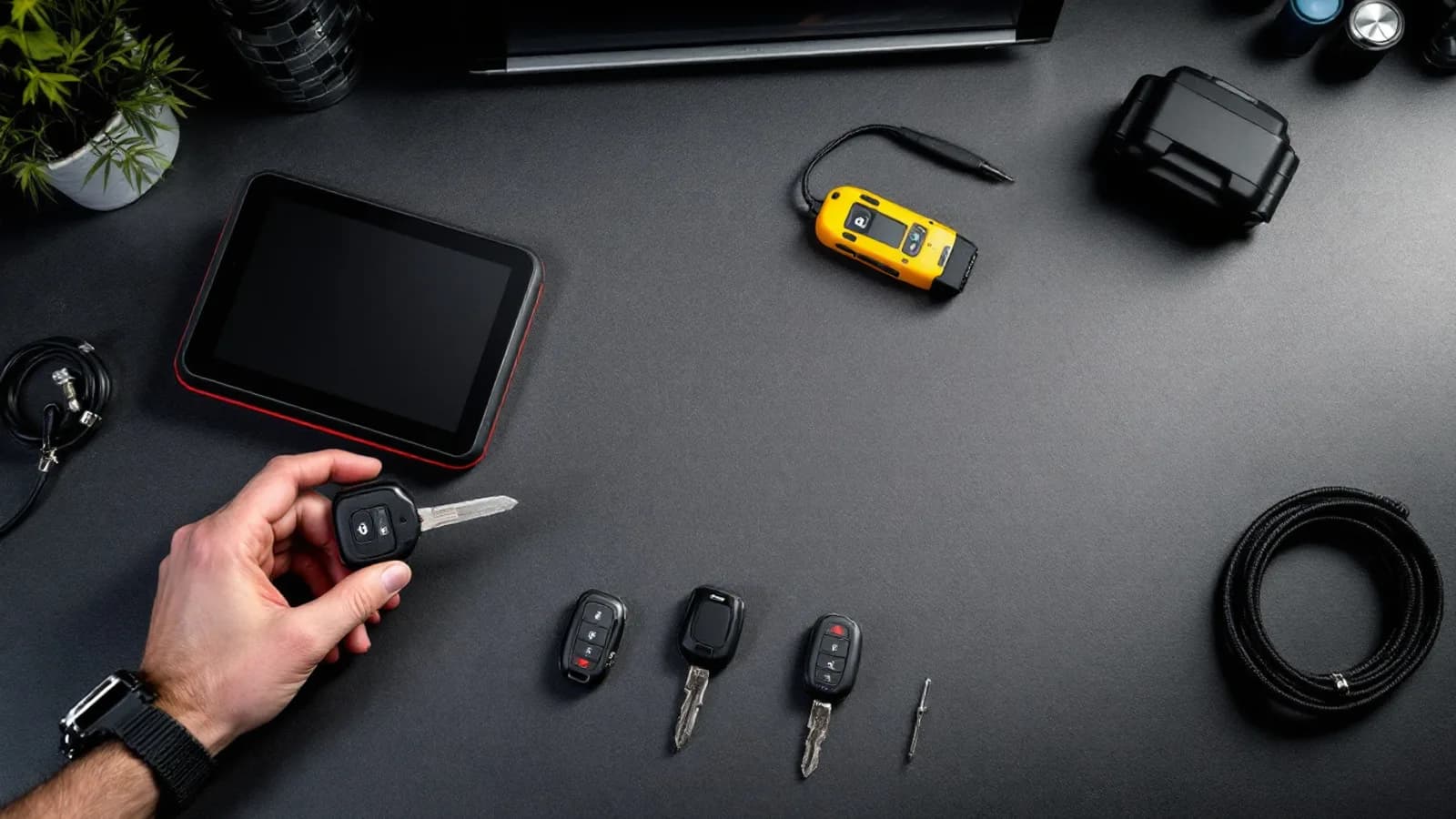 Overhead flat-lay of a key-programming tablet, key-cutting machine jaw with a blank key, unmarked fobs and an OBD cable on a Dallas locksmith workbench