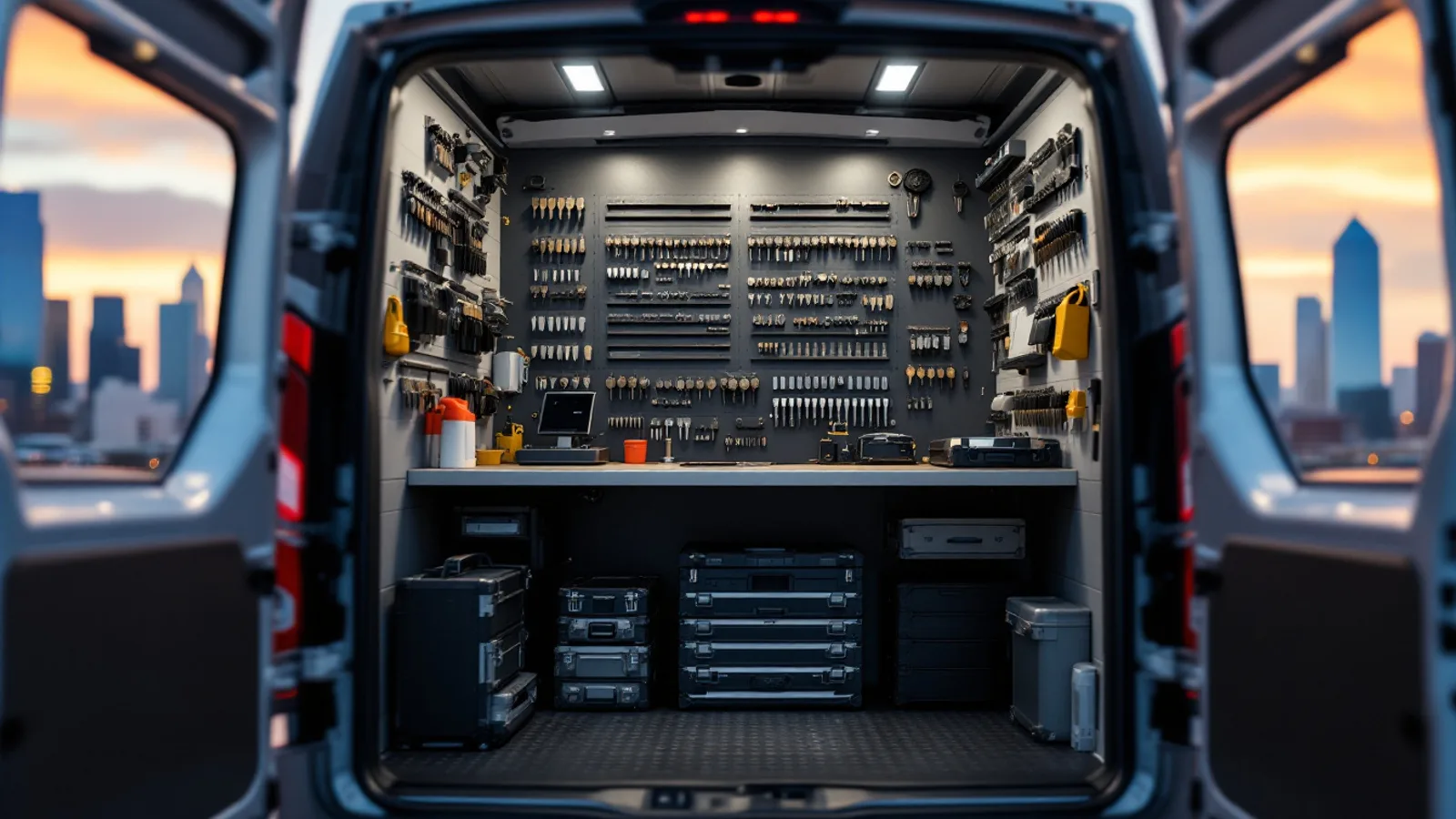 Mobile automotive locksmith van parked beside a customer vehicle with a programming tool connected in Dallas