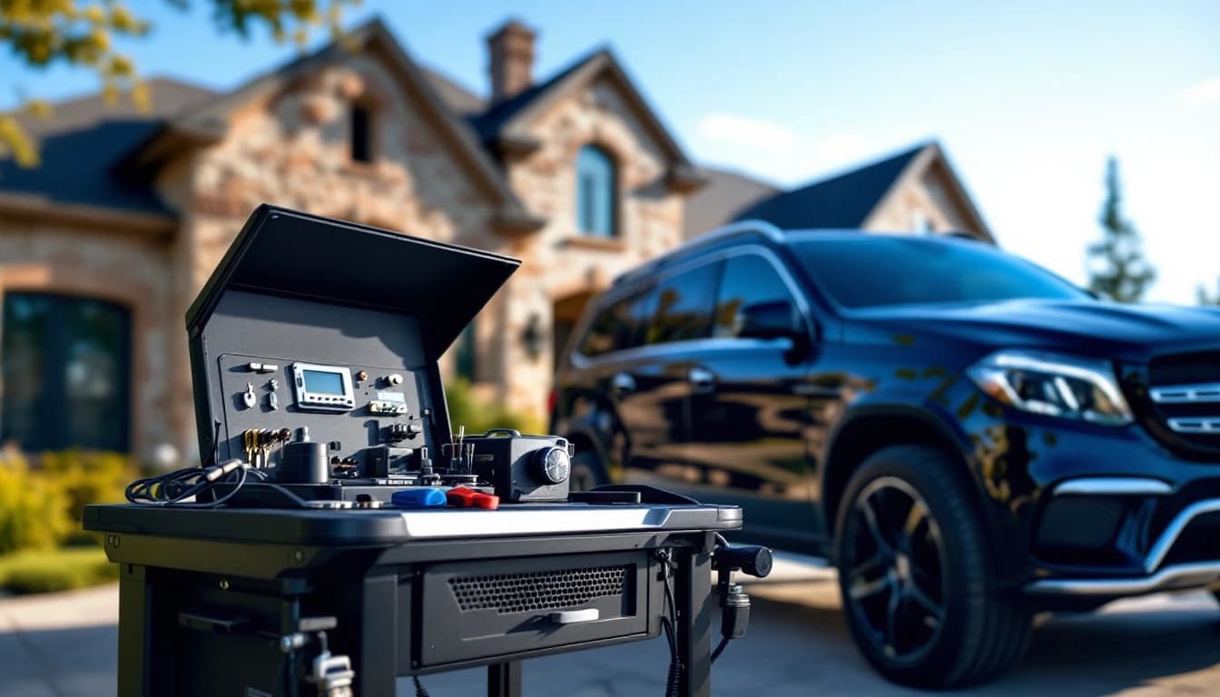 Mobile key-cutting workstation beside a Mercedes SUV at a Southlake home