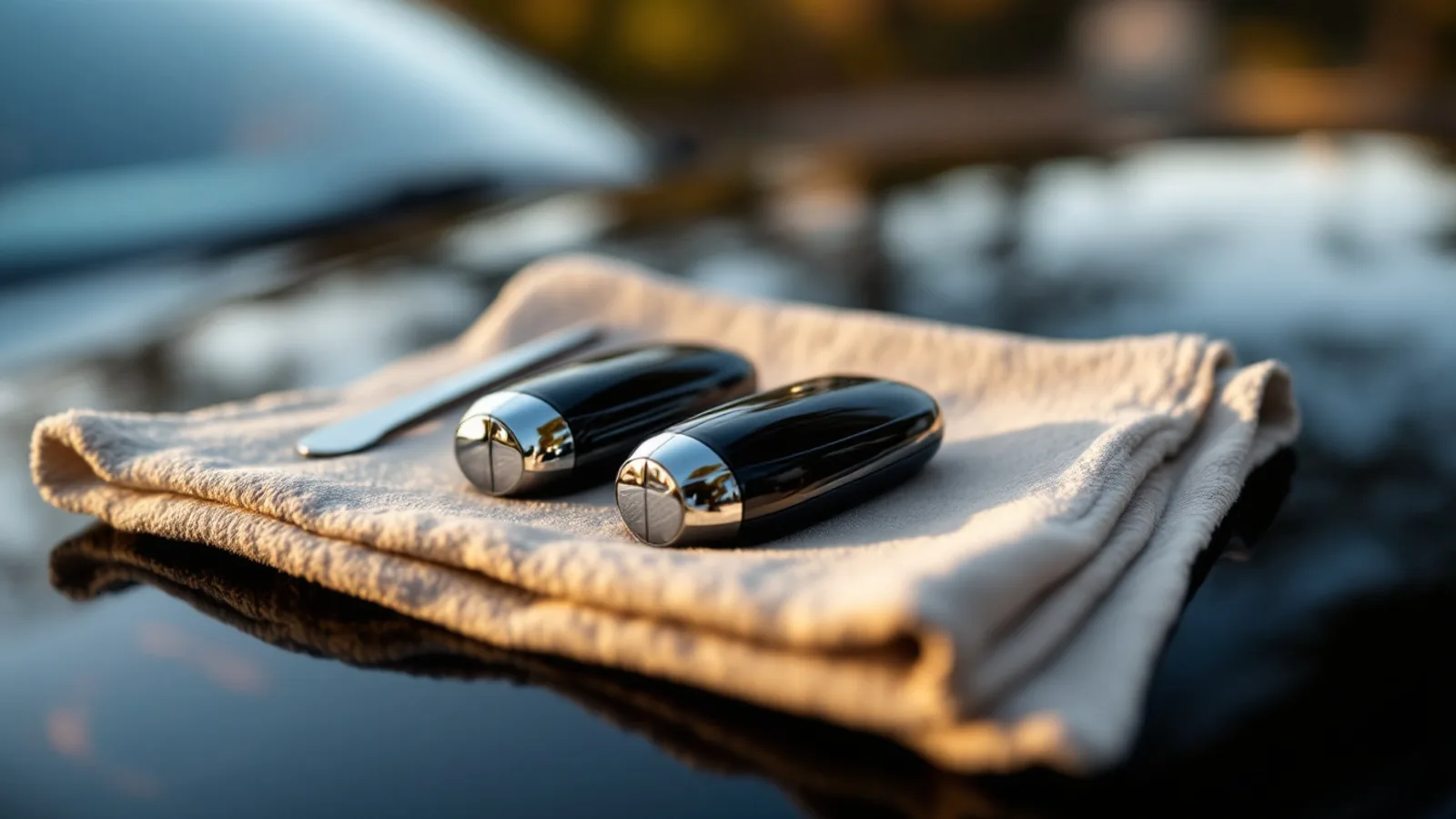 Two ultra-luxury proximity fobs on a chamois cloth atop hand-polished dark paint with a non-marring entry tool beside them