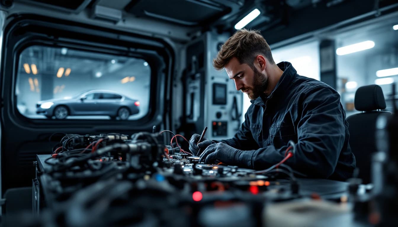 Technician bench-programming a BMW module during an all-keys-lost job