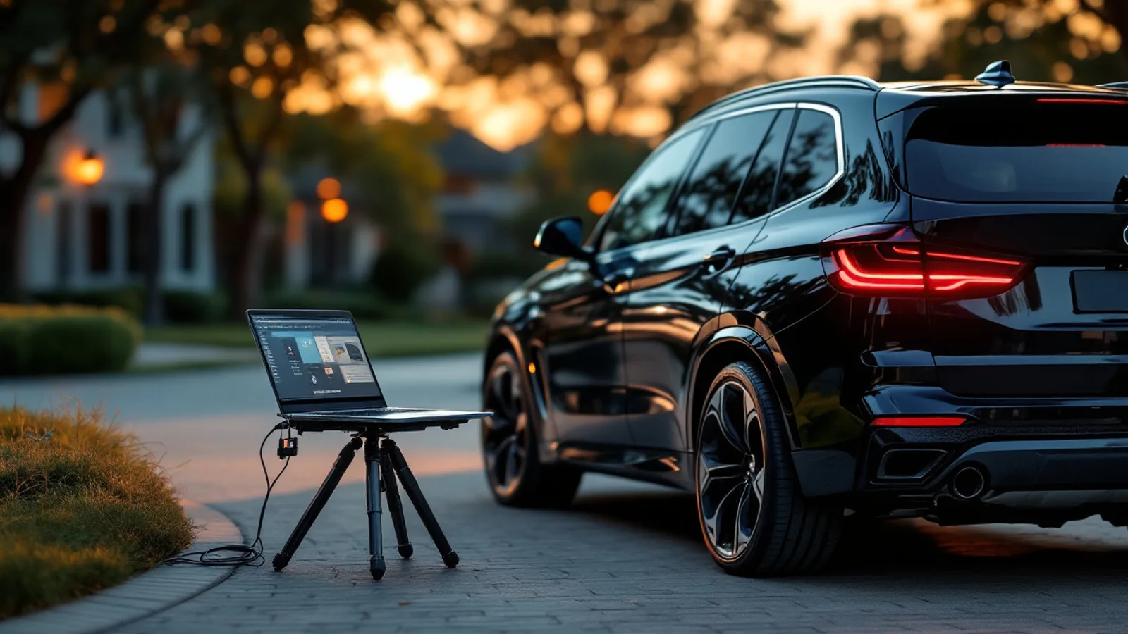 Mobile locksmith programming a BMW smart key in a Frisco driveway during an all-keys-lost job