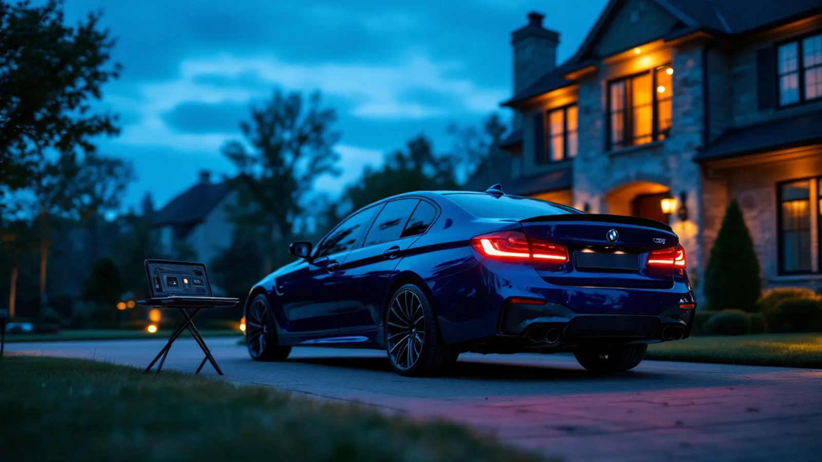 BMW sedan parked in a Southlake driveway at evening waiting for on-site all-keys-lost key programming