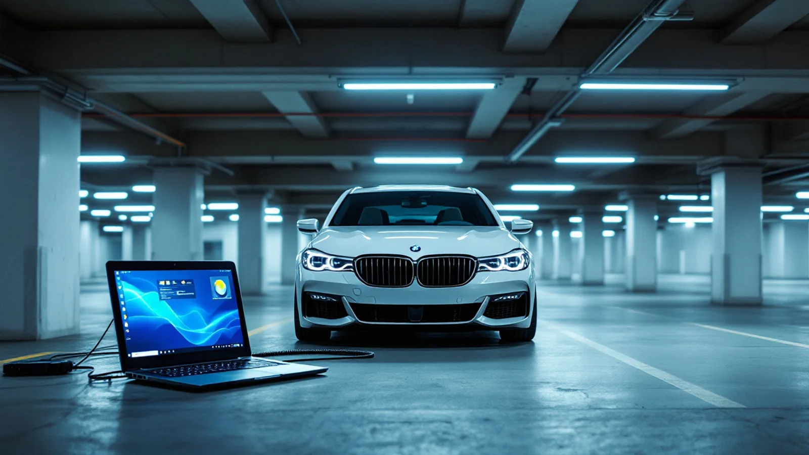 Mobile locksmith programming a BMW comfort access key in an Uptown Dallas underground parking garage