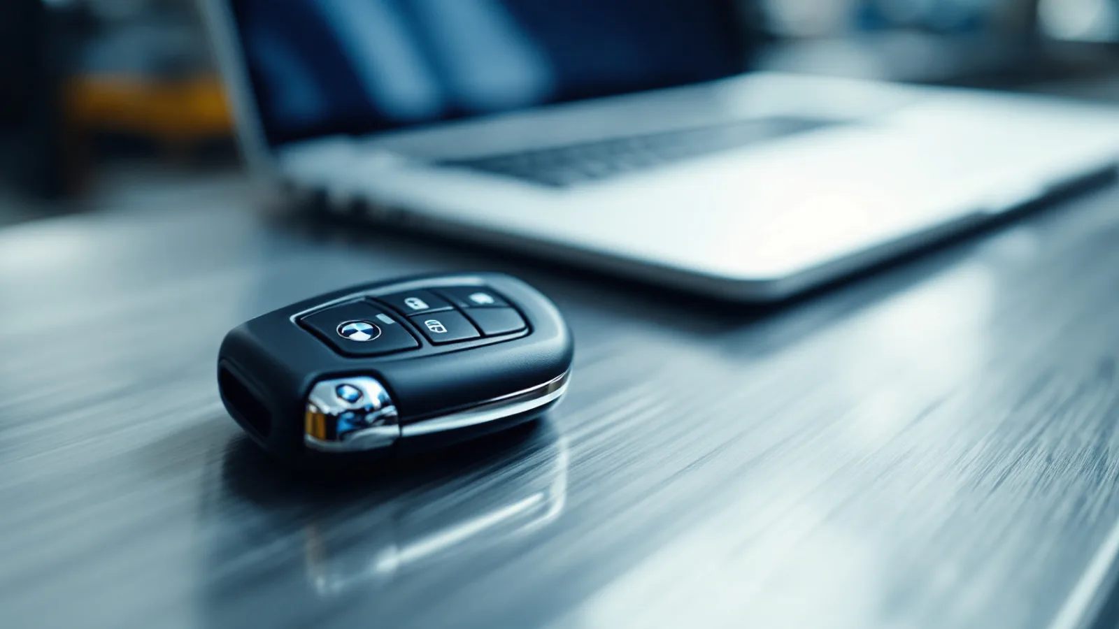 Mobile locksmith programming a BMW Comfort Access proximity key beside a sedan in Dallas