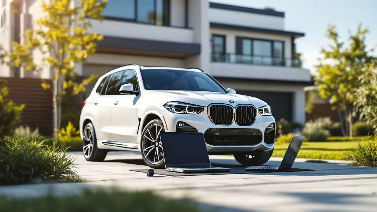 Mobile locksmith programming a BMW key fob beside a BMW SUV in a Frisco driveway
