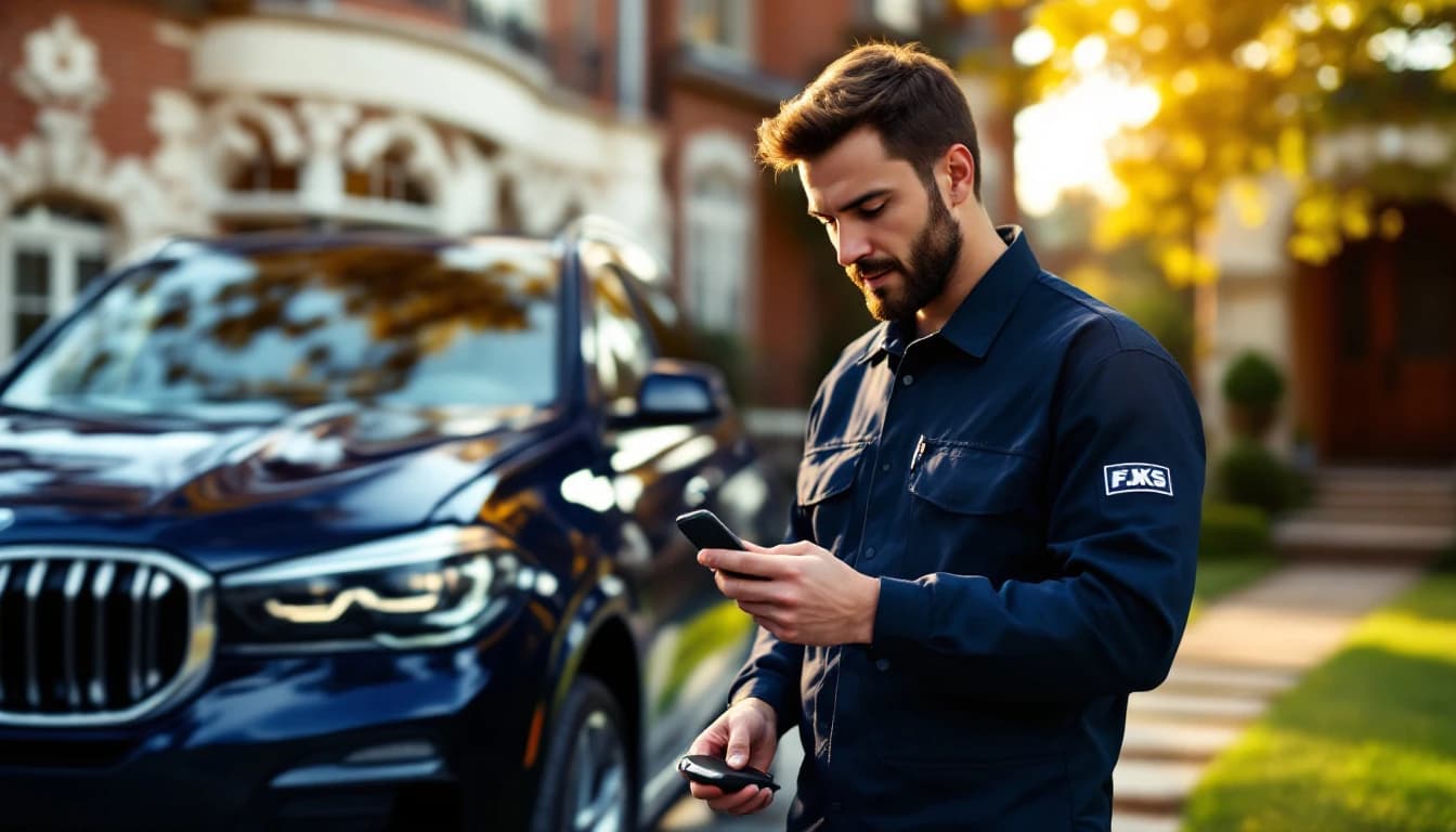 Mobile locksmith programming a BMW key fob in a Preston Hollow driveway