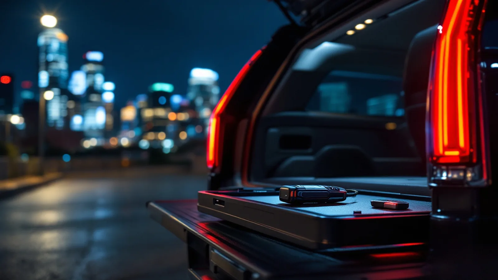 Mobile locksmith programming a Cadillac Escalade smart fob in a Dallas driveway at night