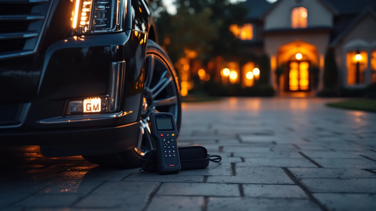 Mobile locksmith programming a Cadillac Escalade smart key in a Southlake driveway