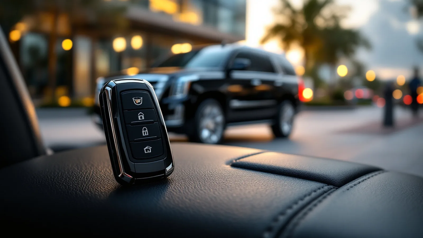 Mobile locksmith programming a Cadillac Escalade smart key in a Las Colinas corporate parking area