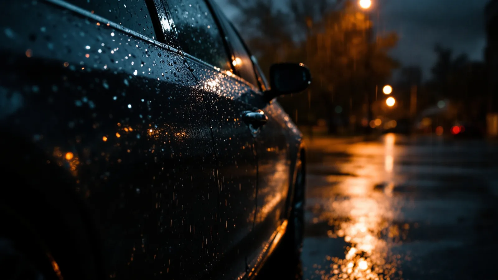 Heavy rain beading on the door glass and chrome handle of a dark sedan at night in a Dallas parking lot under amber streetlight