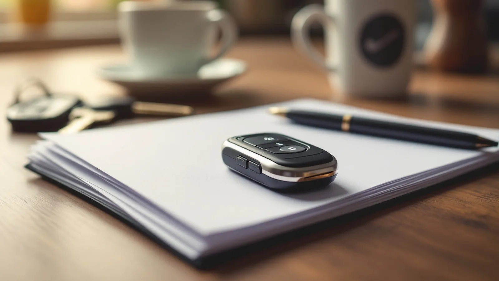 An unmarked proximity key fob resting on a blank paper document beside a pen on a kitchen counter in morning light