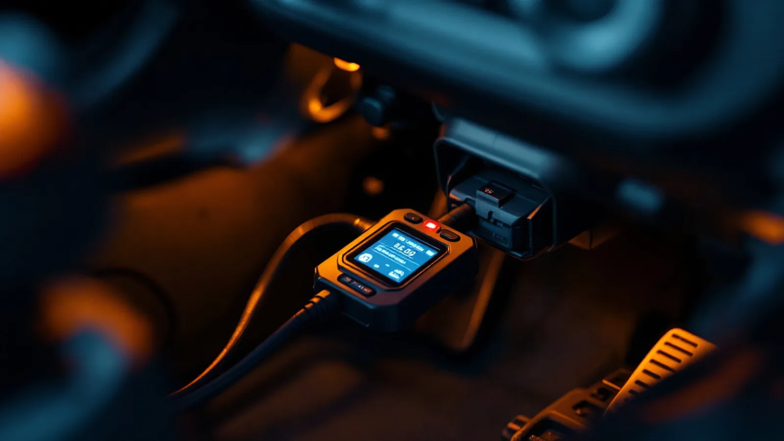 Technician holding a programming tool connected to a car's diagnostic port while pairing a new key fob