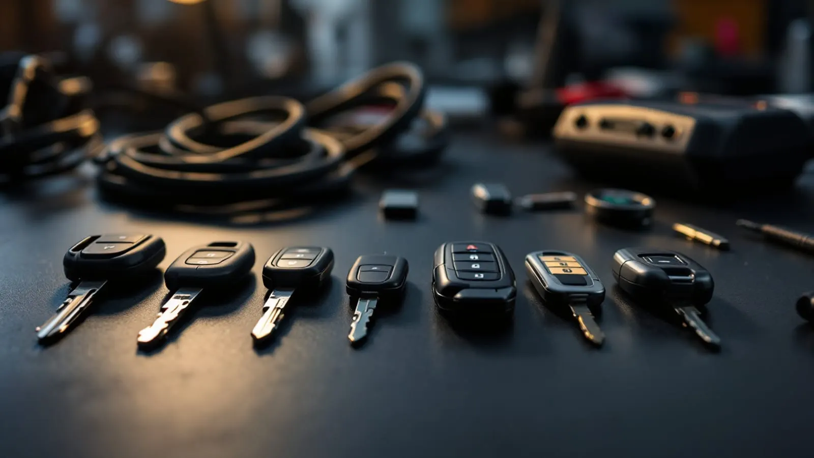 A row of modern car keys and proximity fobs arranged on a workshop bench beside a key-programming device at a Dallas automotive locksmith service bay
