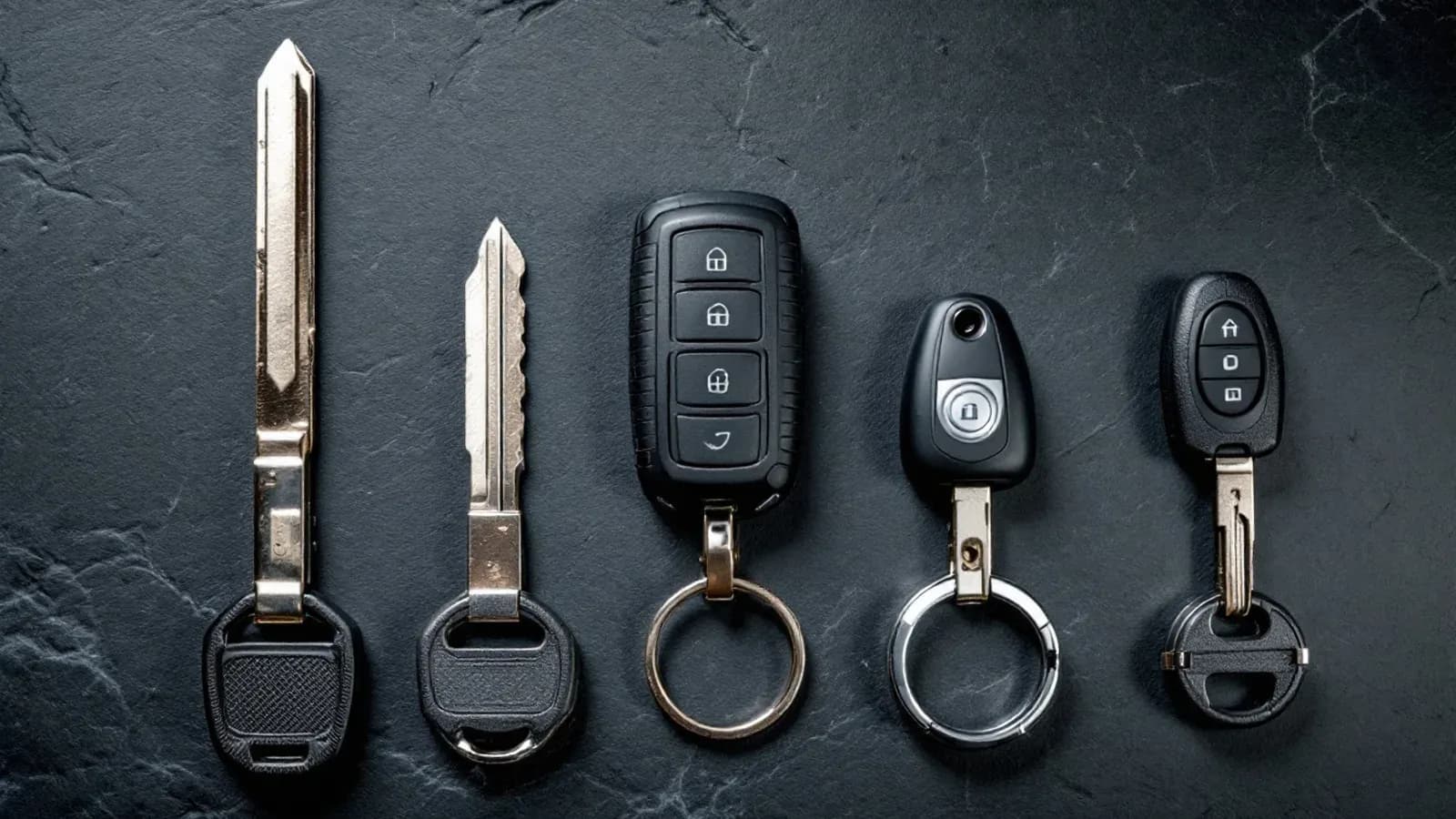 Five unmarked car keys arranged in a row on a dark workbench, from a plain metal blade to a modern proximity fob, in daylight