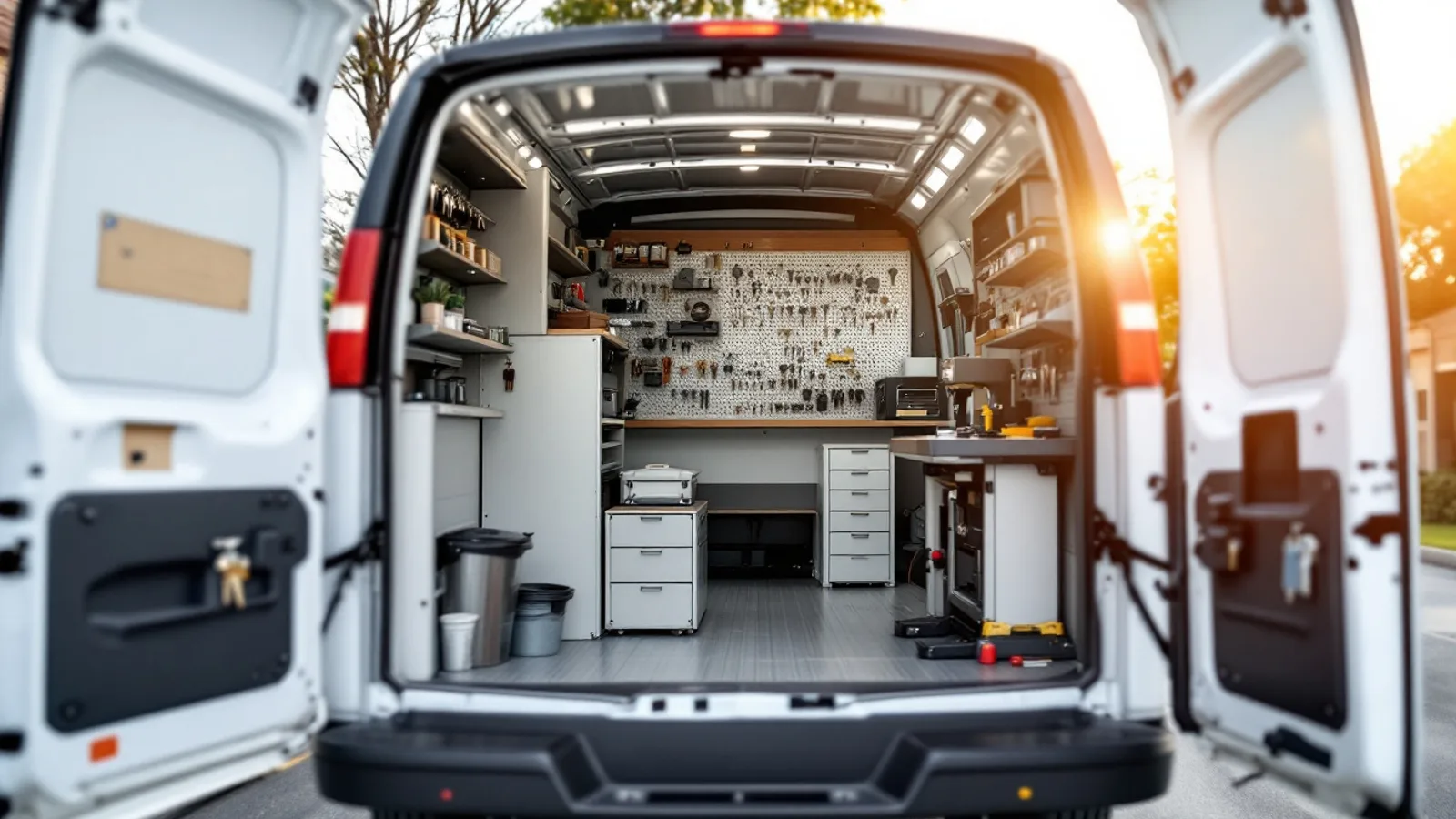 A marked service van parked beside a sedan on a residential street with a technician checking paperwork