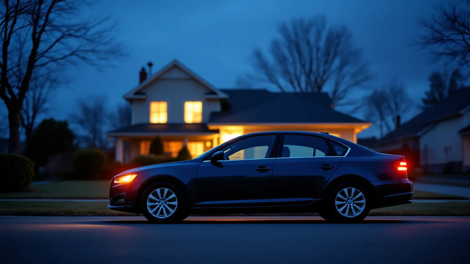 A dark sedan standing still on a suburban driveway at dusk with its amber hazard lights on and a lit house behind it