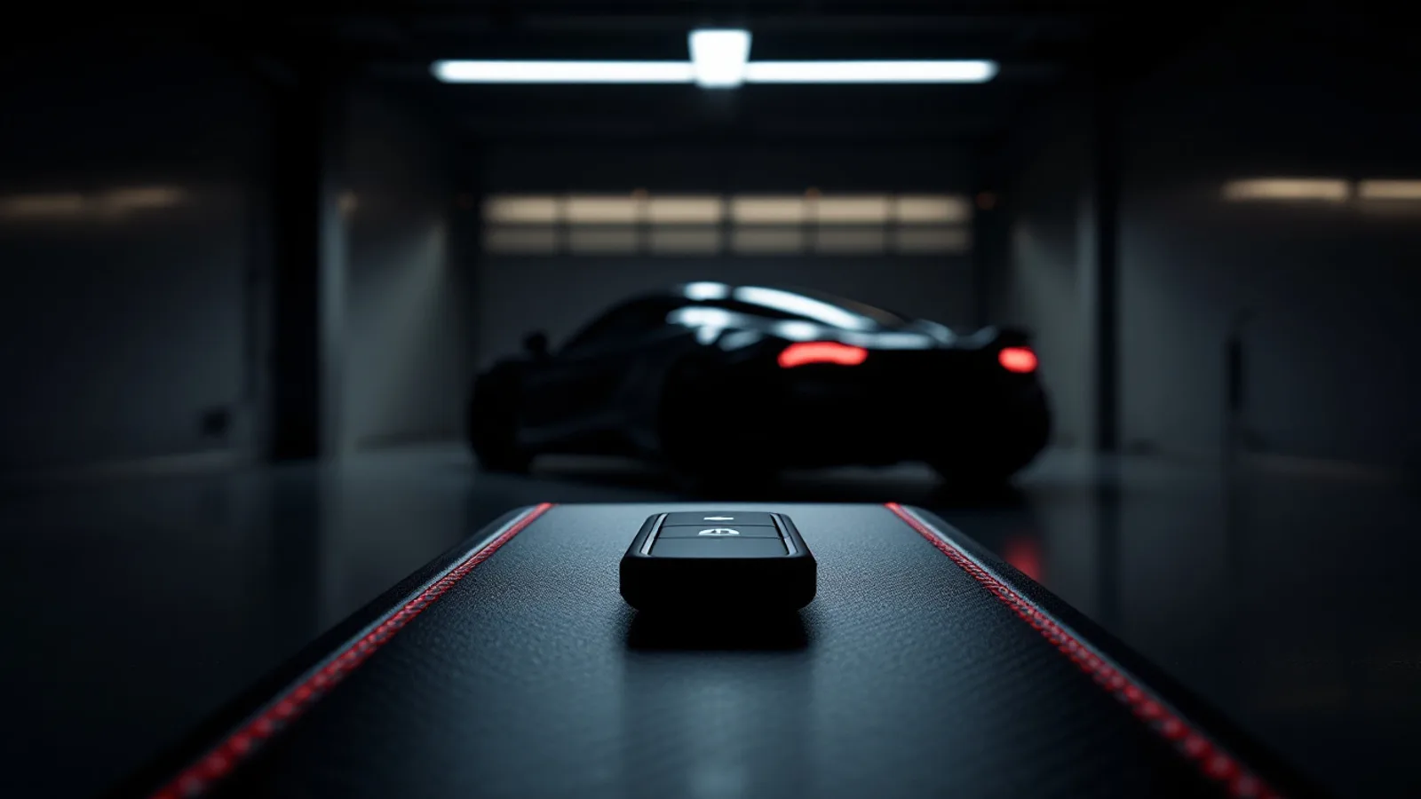 A low-slung American sports car parked in a clean private garage under overhead lighting