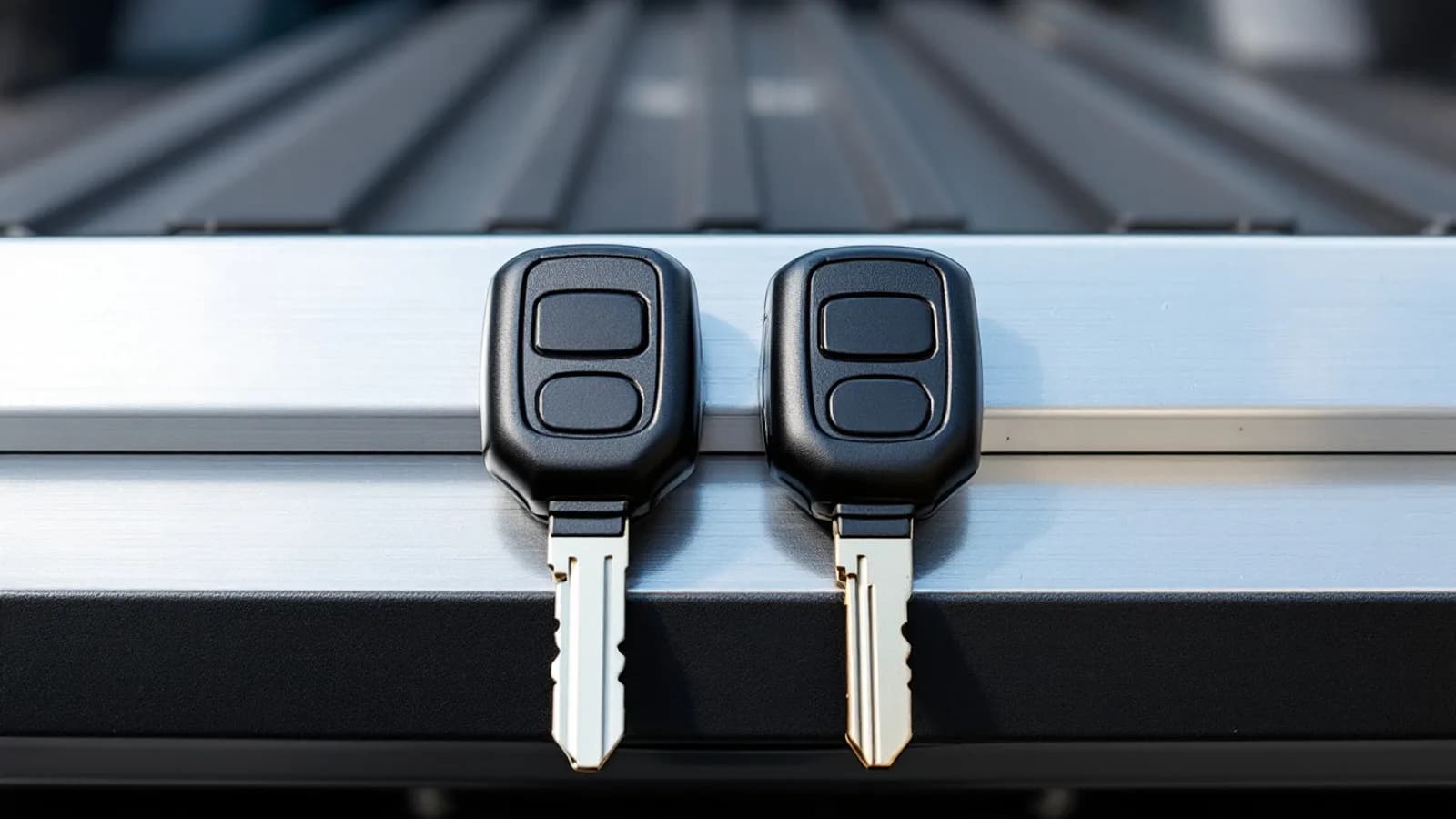 Two matching remote head truck keys standing side by side on the aluminum bed rail of a full-size pickup