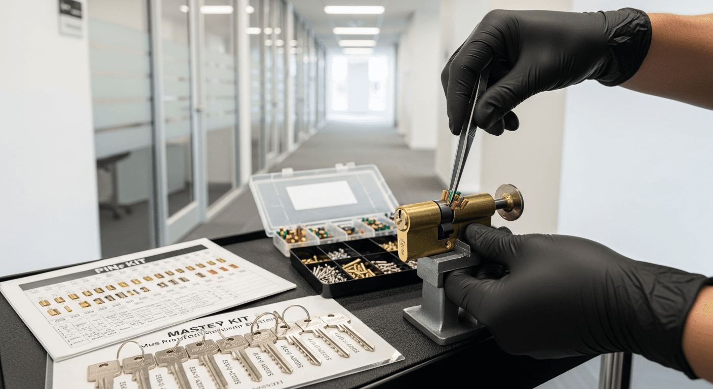 Commercial locksmith installing a BHMA Grade 1 mortise lock and electronic access control reader on a Dallas office suite door