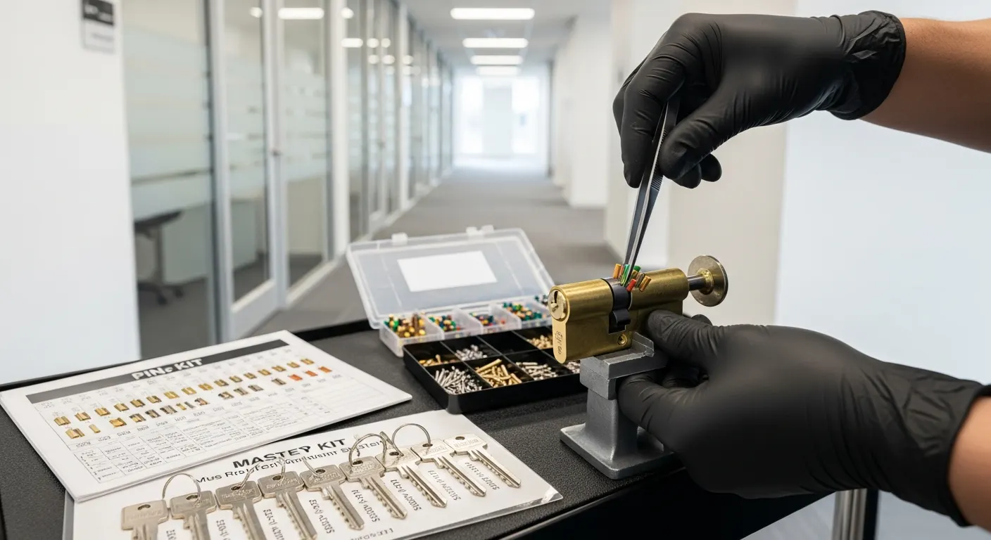 Commercial locksmith installing a BHMA Grade 1 mortise lock and electronic access control reader on a Dallas office suite door