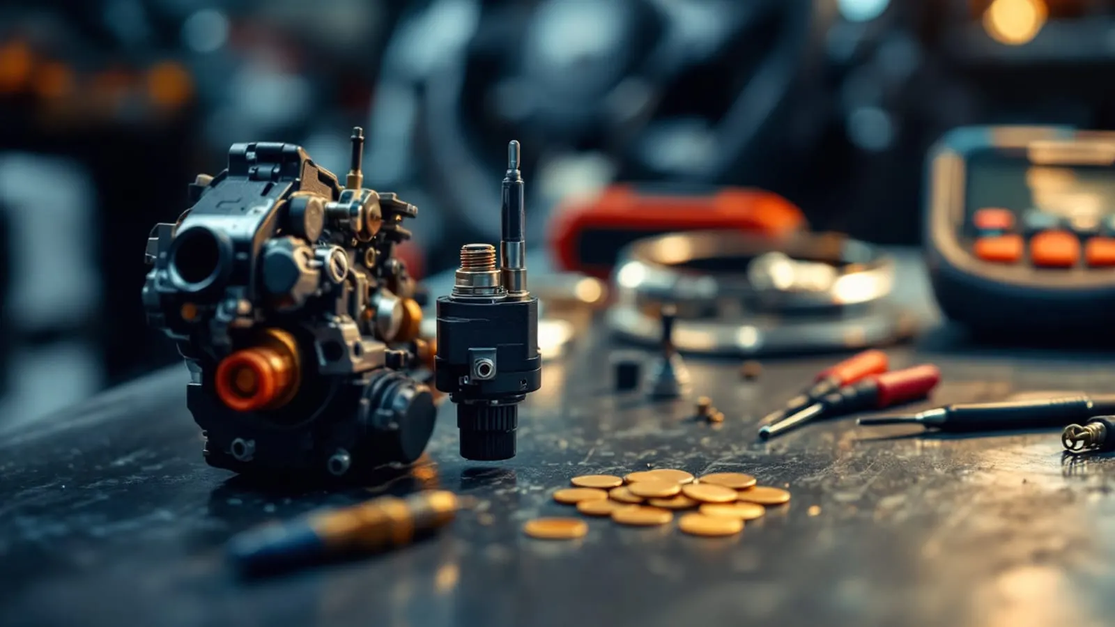 An exposed automotive steering column and ignition cylinder on a workbench with locksmith diagnostic tools at a Dallas mobile locksmith service bay