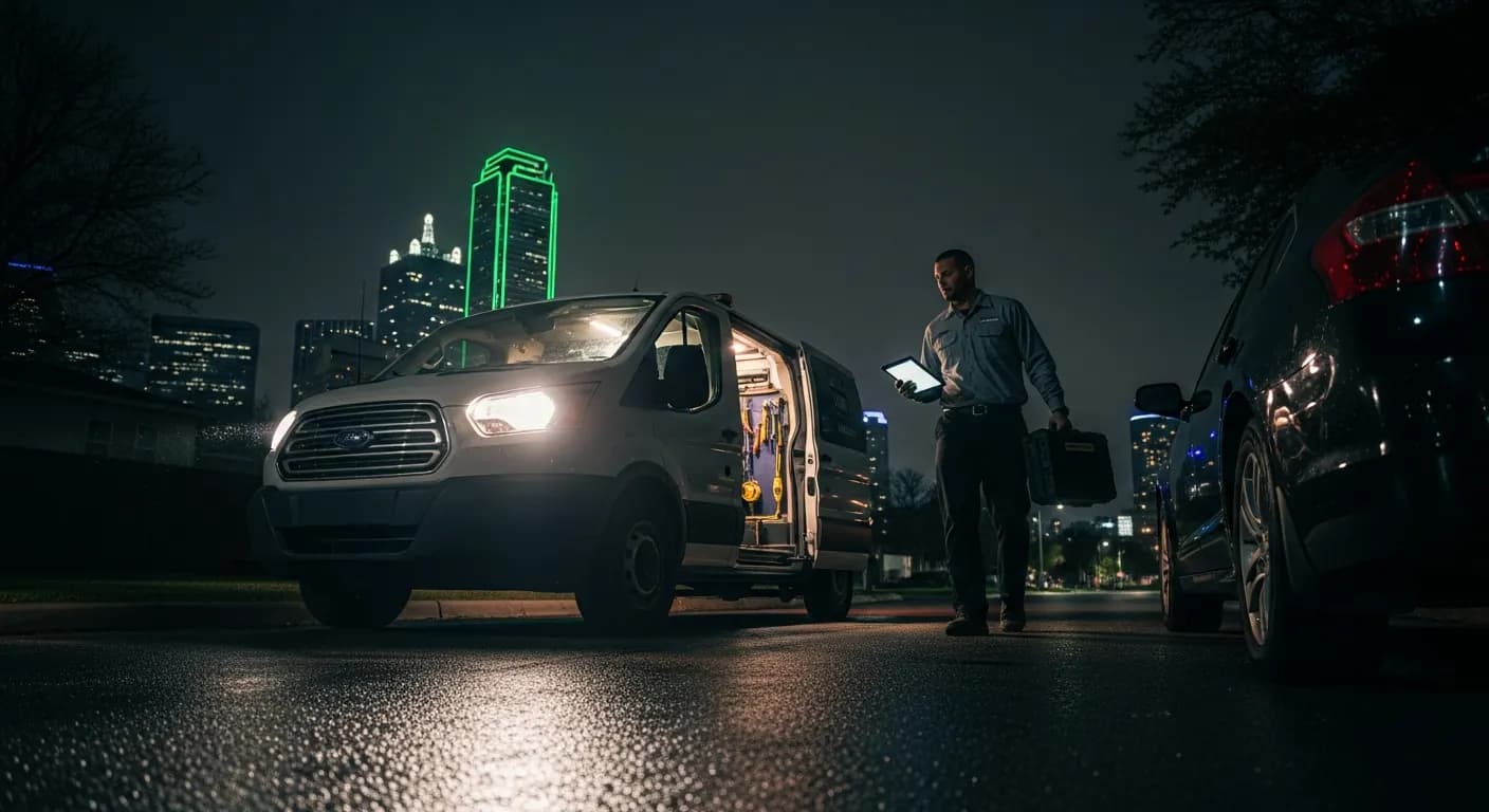 Dallas locksmith arriving at a residential driveway at night with a marked service vehicle