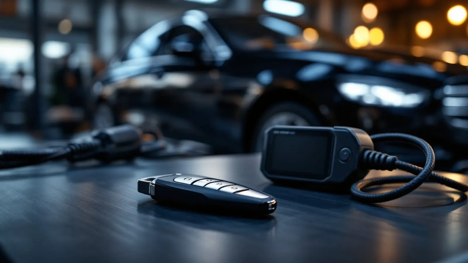 Locksmith programming a Mercedes key fob using AVDI diagnostic tool in a Dallas service bay