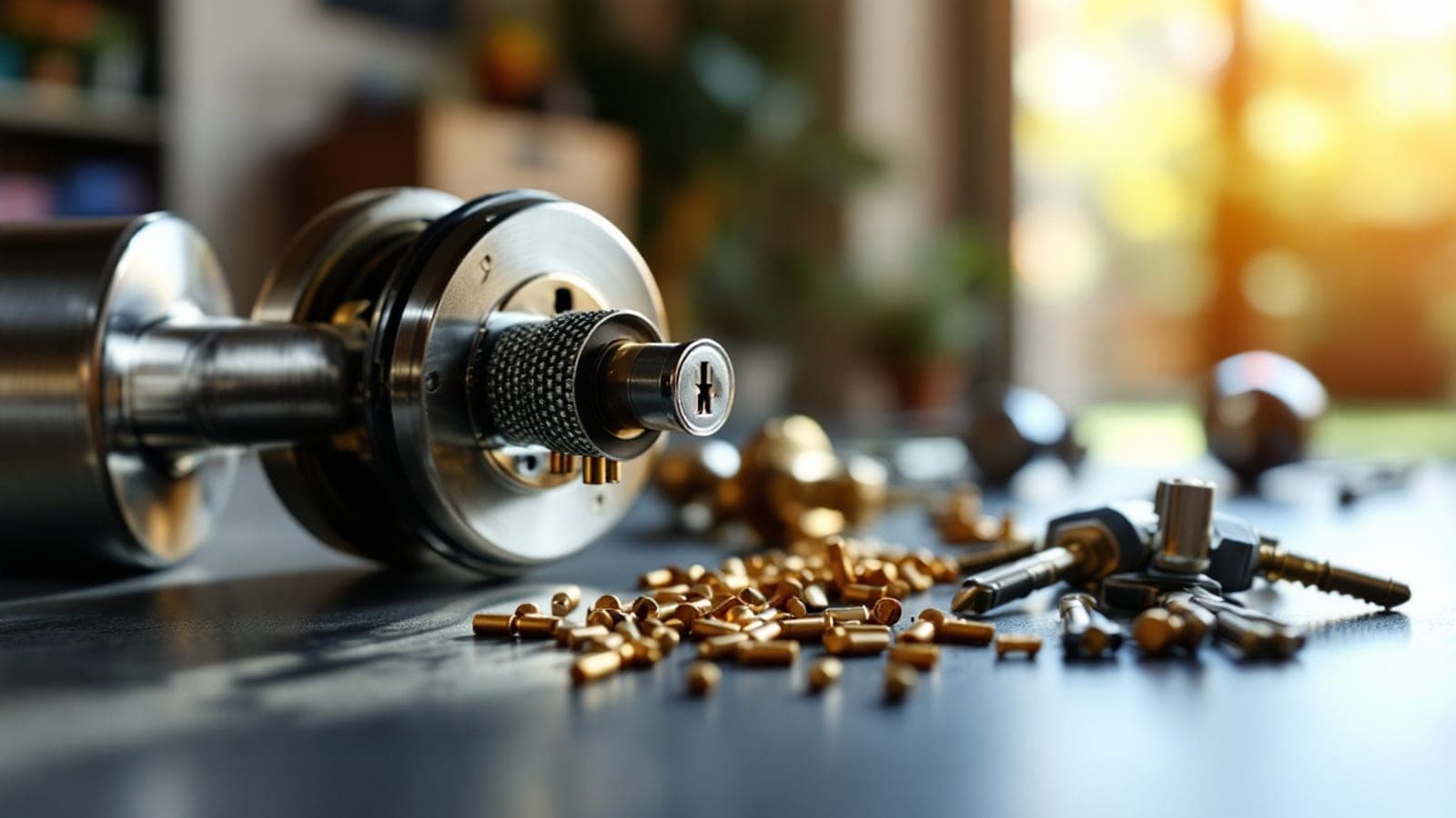 Locksmith rekeying a residential deadbolt at a Dallas home, with pin trays and tools visible