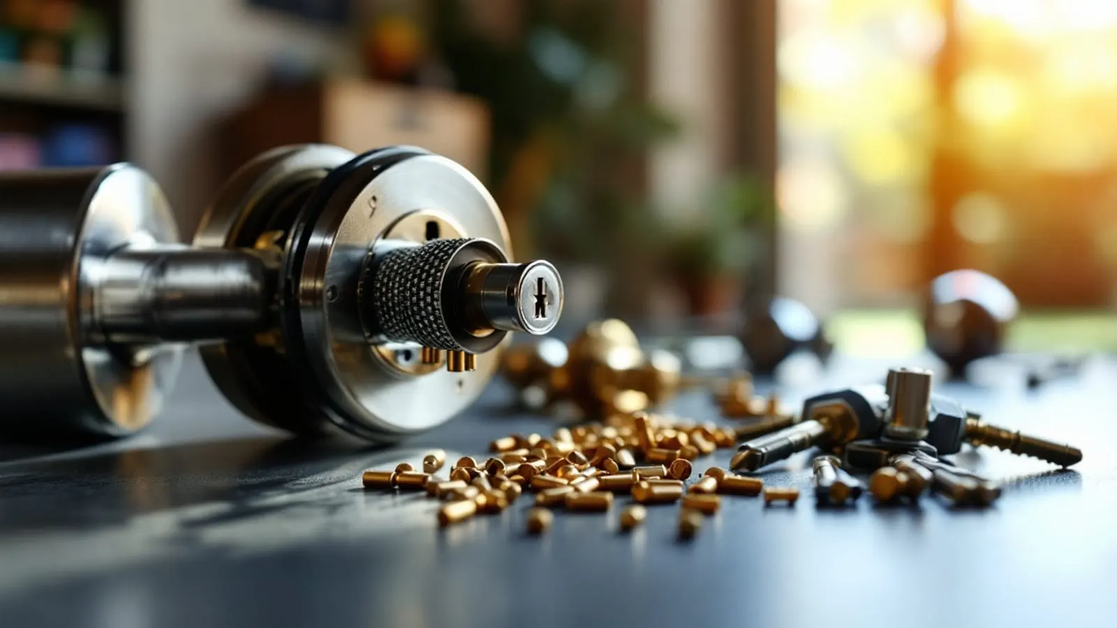 Locksmith rekeying a residential deadbolt at a Dallas home, with pin trays and tools visible