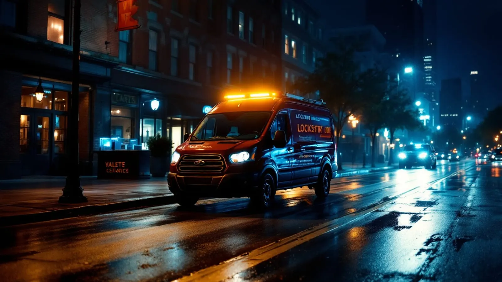 Mobile locksmith van on a Dallas Uptown street at 2 a.m. with valet stand visible in background