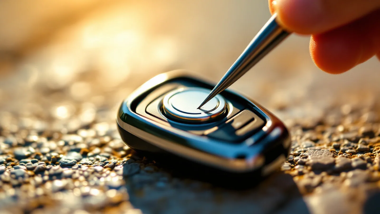 Close-up of a car key fob with a fresh coin-cell battery on a Dallas driveway