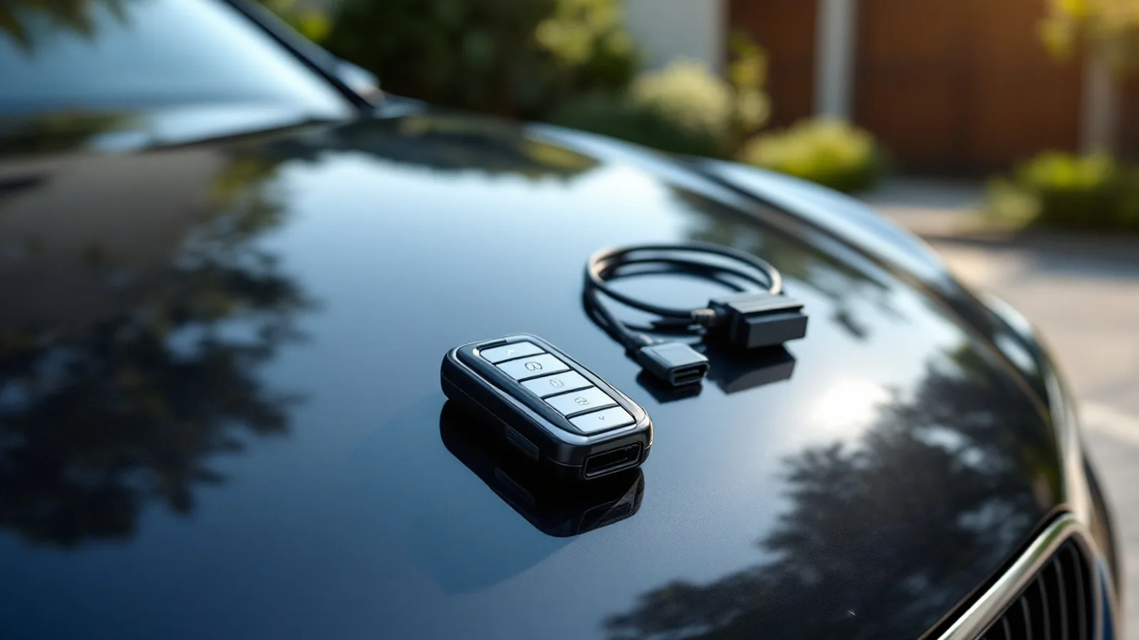 European car key fob beside a mobile locksmith programming device in a Dallas driveway