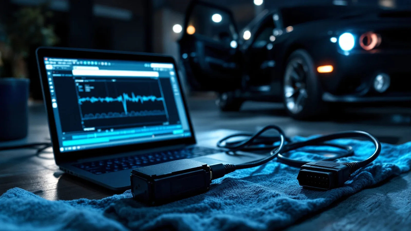 Diagnostic laptop and OBD interface module on a shop floor beside a dark muscle car with its door open at night