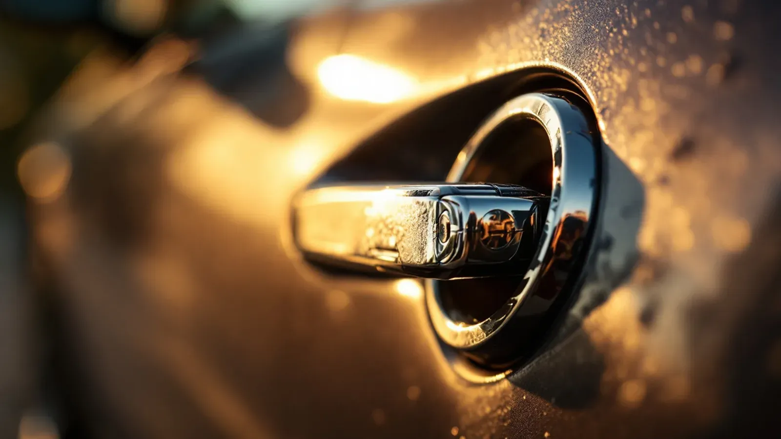 Close macro of a chrome car door handle and its key lock recess lit by warm late afternoon sunlight, fine dust visible on the paintwork