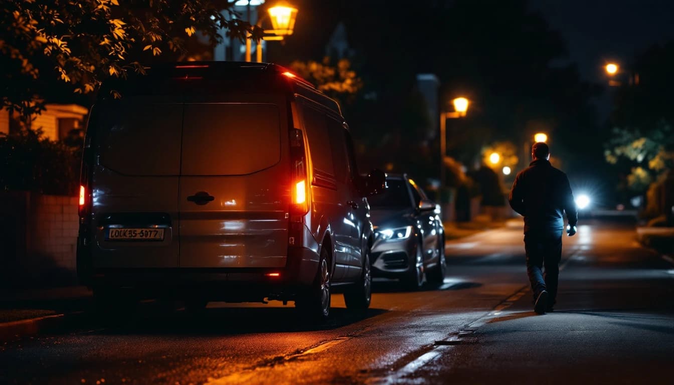 Emergency locksmith van at night on a Southlake street