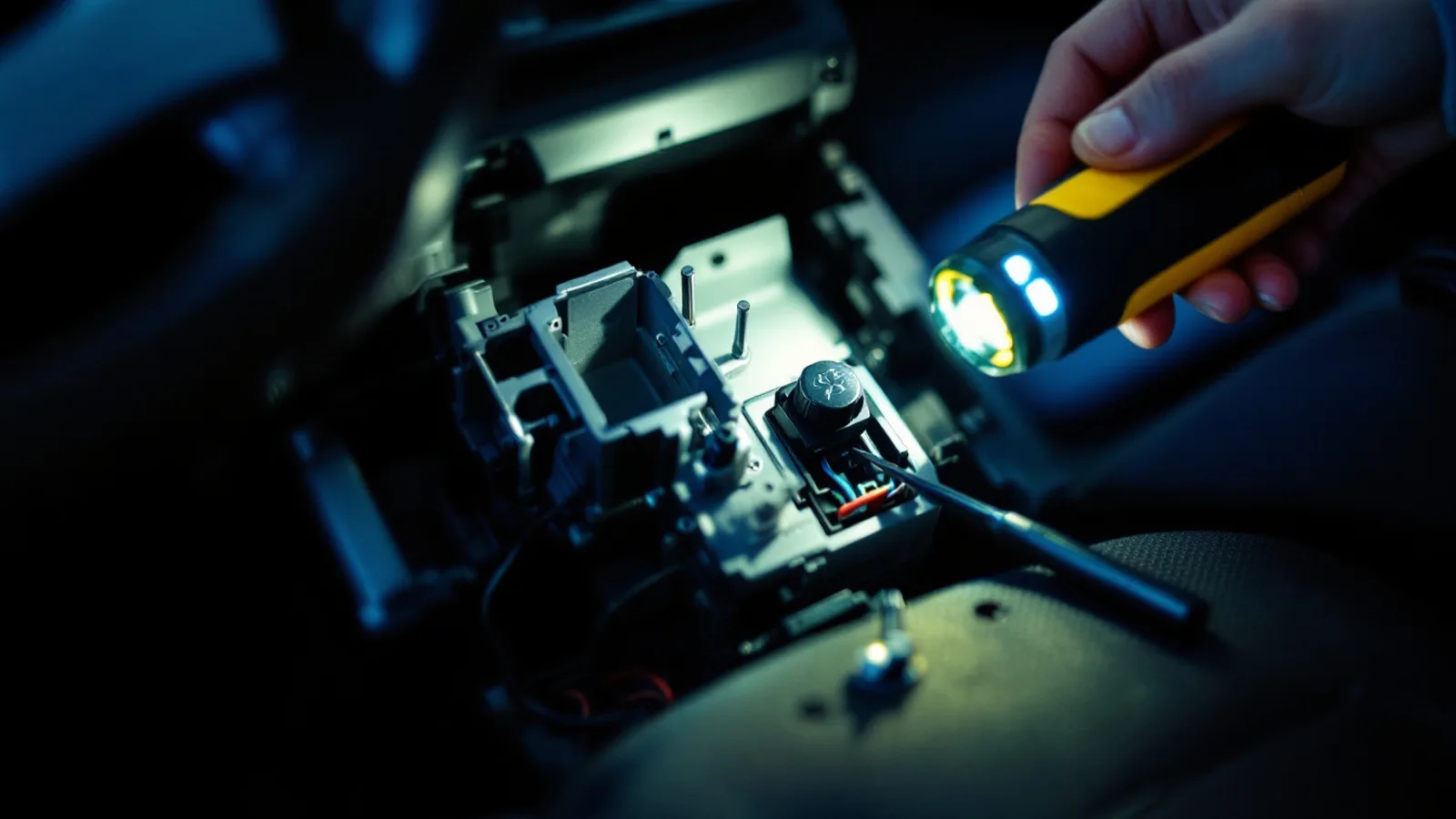 A hand holding a work light over an exposed lock housing and wiring connector inside a car interior at night in a Dallas garage