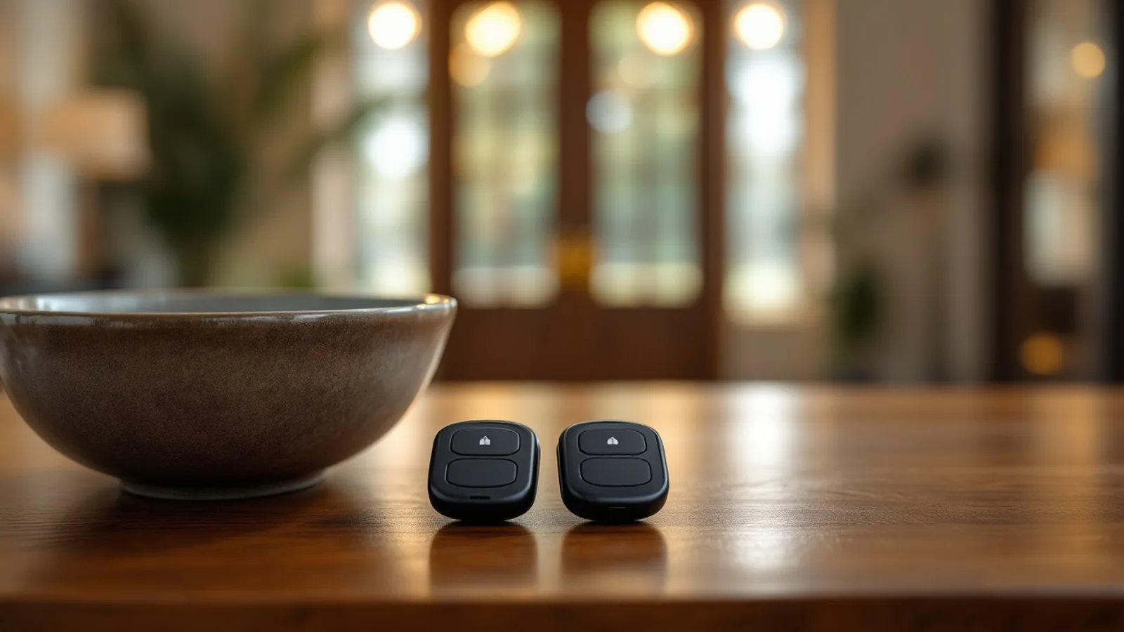 Two matching unmarked European proximity key fobs side by side on a walnut console table in a Dallas home entryway in morning light